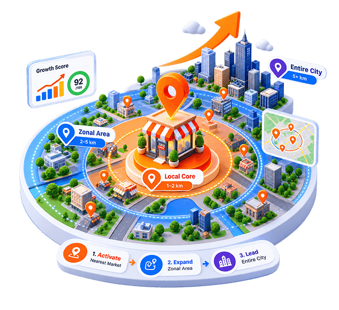 Local commerce growth intelligence showing three-stage expansion from local core to zonal area to entire city with growth score