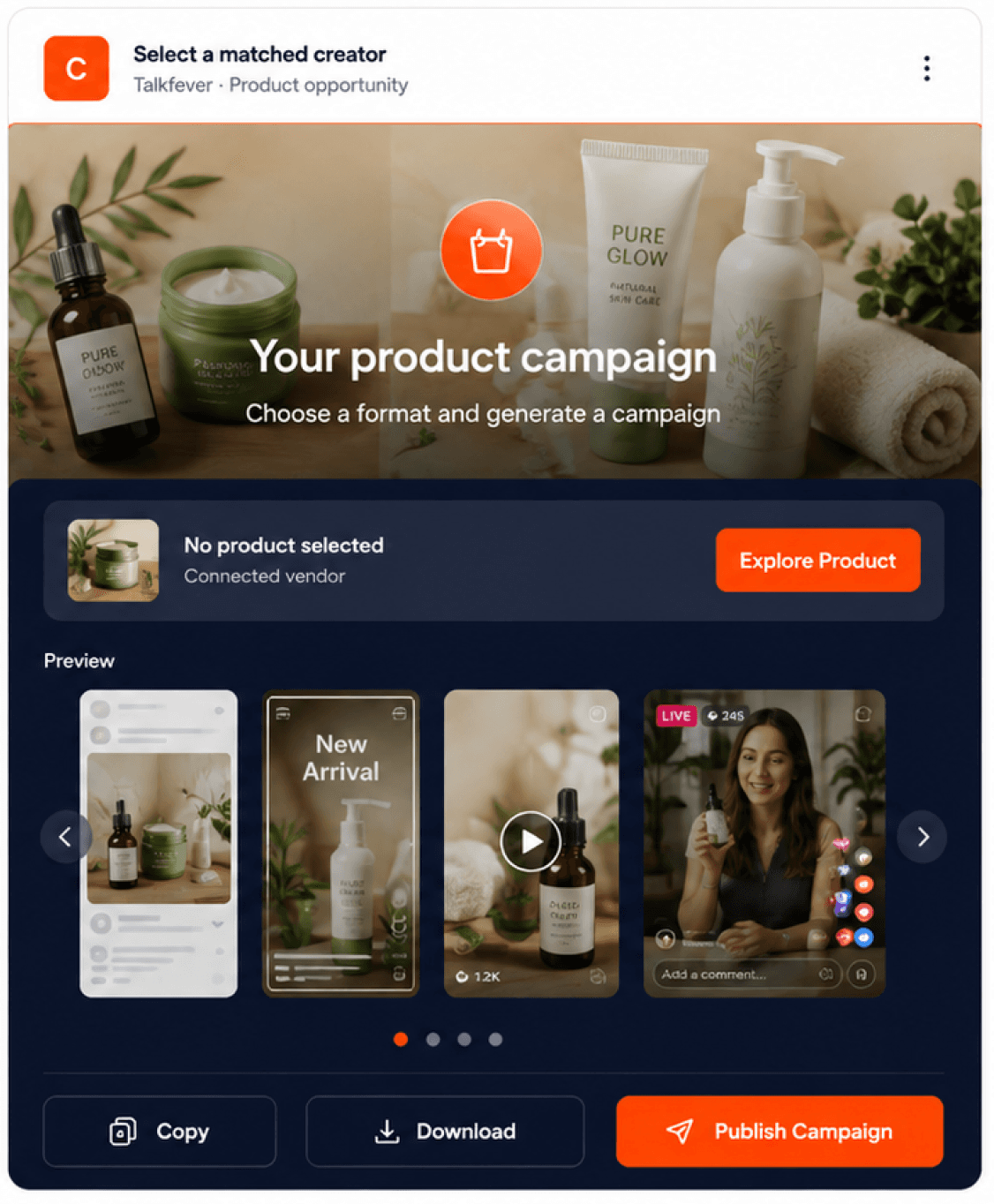 AI creator campaign preview with social formats, product campaign, and publishing controls
