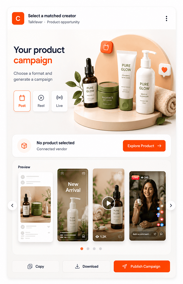 AI creator campaign preview with social formats, product campaign, and publishing controls