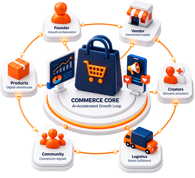 SarchBazar social commerce operating system connecting founders, vendors, creators, logistics, communities, and products
