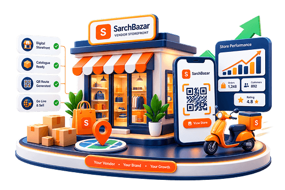 Vendor storefront activation studio with catalogue, QR route, performance, and fulfilment tools