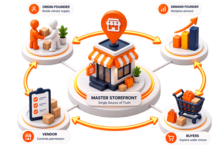 SarchBazar vendor exchange ecosystem showing master storefront connecting origin founders, demand founders, vendors, and buyers