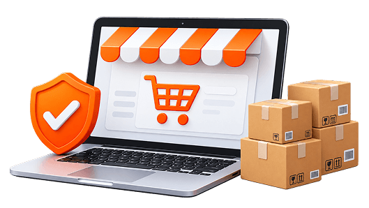 Master storefront laptop with verification shield and product boxes