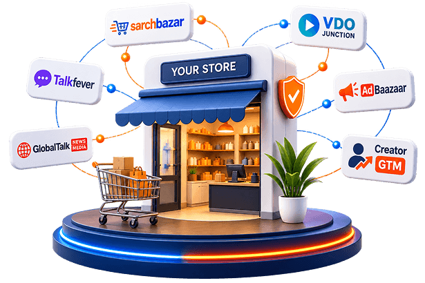 Commerce universe showing a storefront connected to SarchBazar, Talkfever, VDO Junction, AdBaazaar, GlobalTalk and Creator GTM platforms